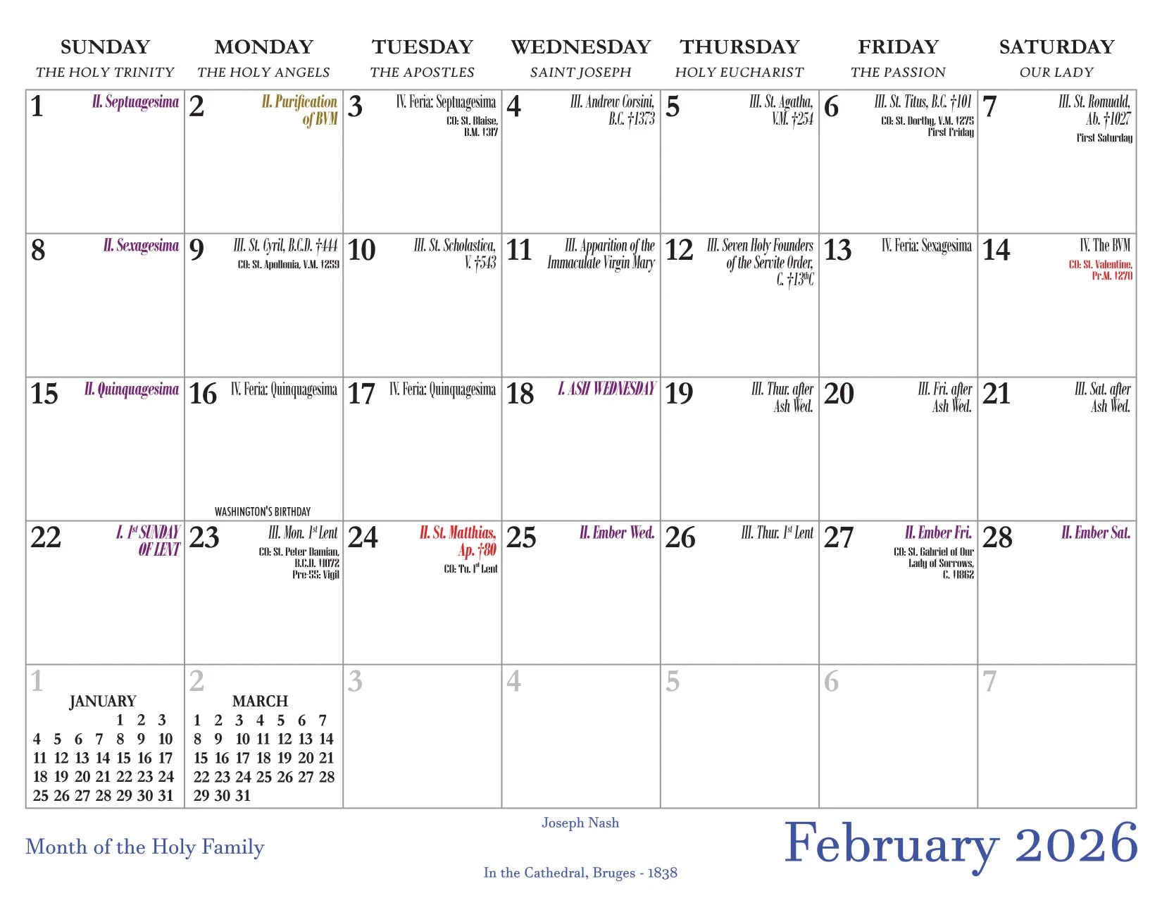 February 2026 calendar with religious observances on a white background