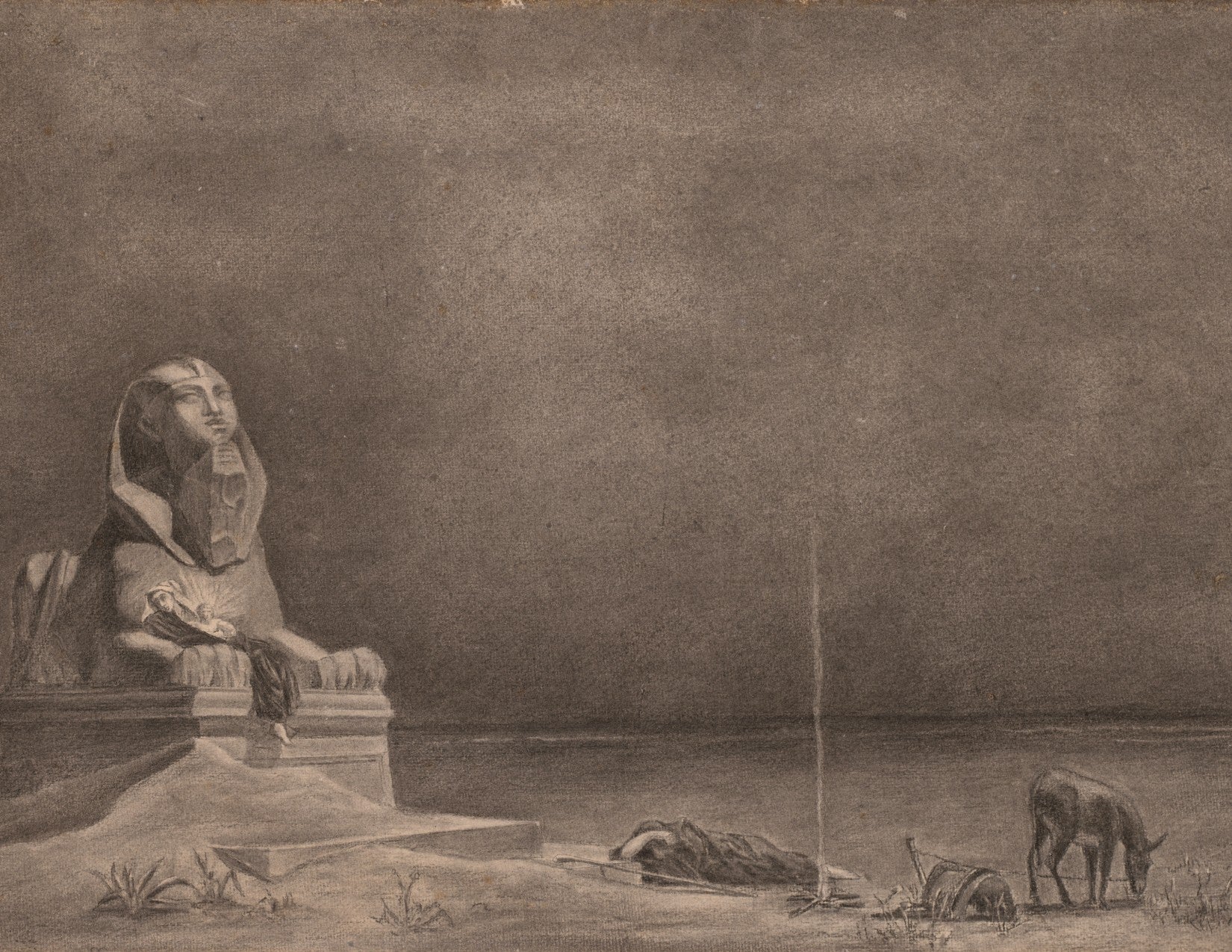 Stylized depiction of a sphinx and a donkey in an ancient Egyptian setting with the Holy Family