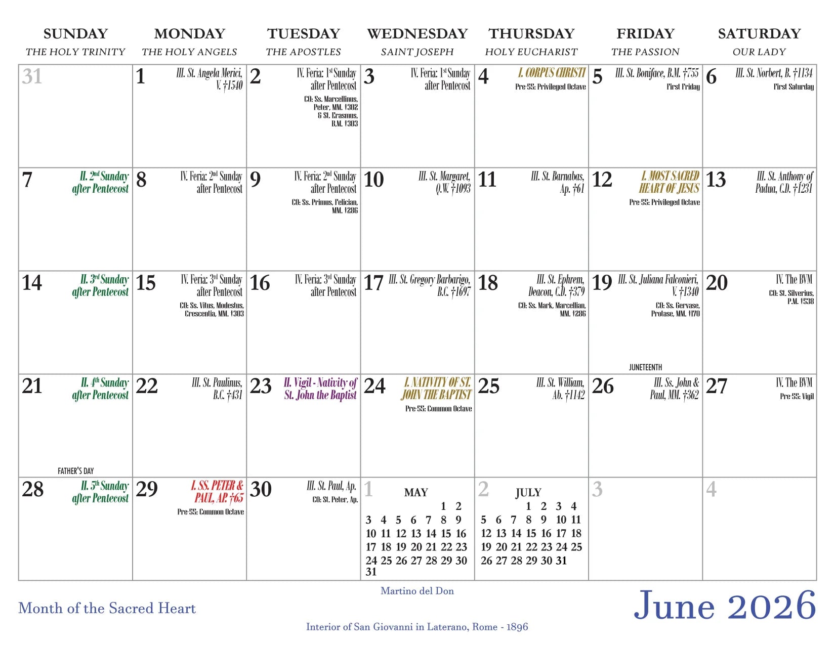 Calendar for June 2026 with religious feast days and dates.