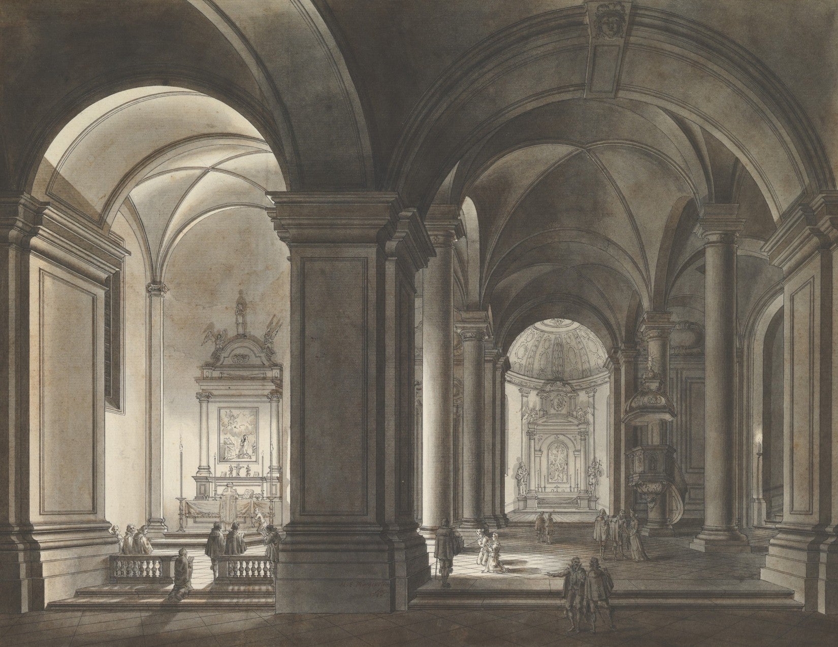 Stylized drawing of a classical interior with columns and arches of a church during Mass