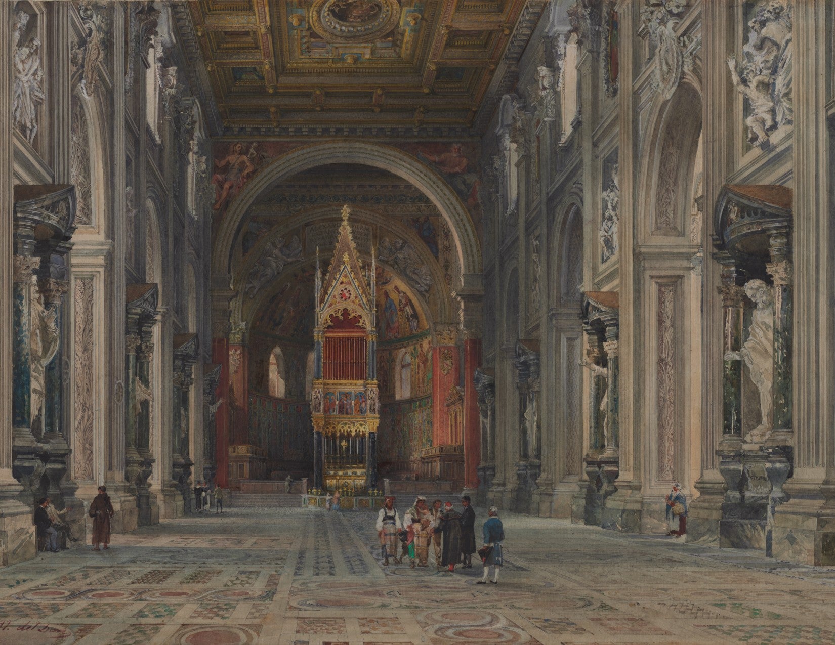 Decorative interior of a cathedral with ornate architecture and people in the foreground.